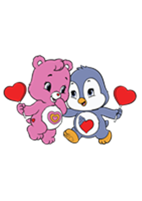 En sød pink bjørn og en blå pingvin holder hænder og holder røde hjerter.