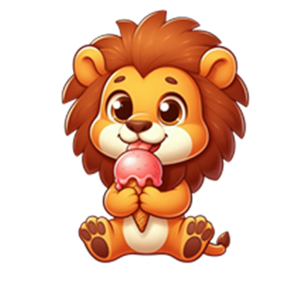 En tegneserie-lignende løve, der sidder og nyder en isvaffel.