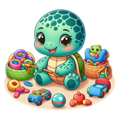 En sød skildpaddeunge sidder blandt farverige legetøj og krammedyr.