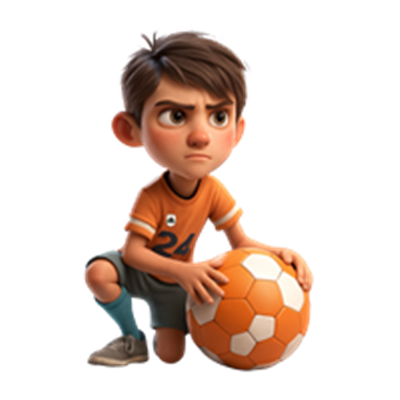 En ung dreng i orange trøje, der sidder med en fodbold og ser koncentreret ud.