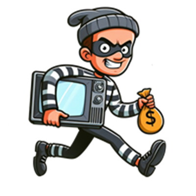 En tegneseriefigur af en tyv, der løber med en tv og en pengepose.