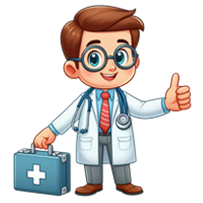 En tegneseriefigur af en ung læge med briller, der giver tommelfinger op, iført en hvid kittel.