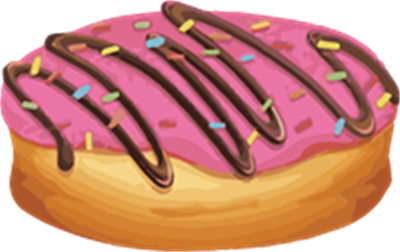 En farverig donut med pink glasur og chokoladefrosting, pyntet med små drys.