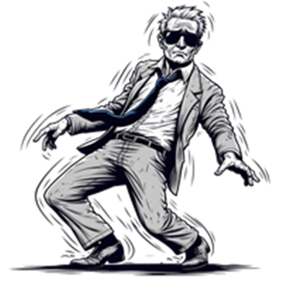 En stiliseret figur i jakkesæt og solbriller, der ser ud til at bevæge sig med attitude.