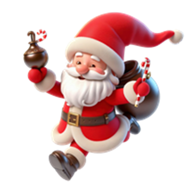 En glad julemand, der hopper med gaver og slikstokke.