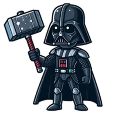 En tegneserieversion af en karakter i sort kappe, der holder en hammer.