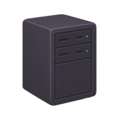 En stiliseret computerkasse med to grønne lys og en simpel design.