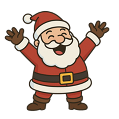 En glad julemand i rød dragt, der strækker armene ud i jubel.