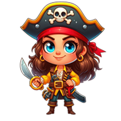 En farverig og venlig piratkarakter med sværd og pirathat.