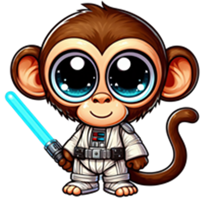 En sød tegning af en abe iført en Jedi-robotdragt og holder et lyssværd.