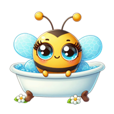 En farverig og sød bi sidder i et badekar fyldt med skum og blomster.