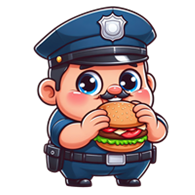 En sød, tegneserieagtig politibetjent, der spiser en burger.