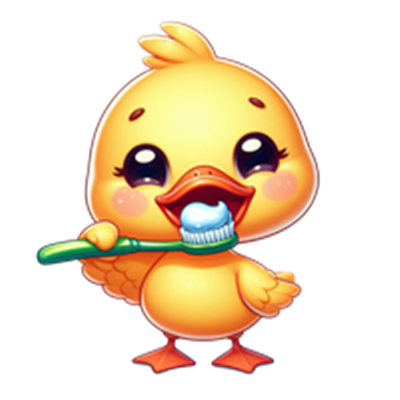 En glad, gul and holder en tandbørste og ser venlig ud.