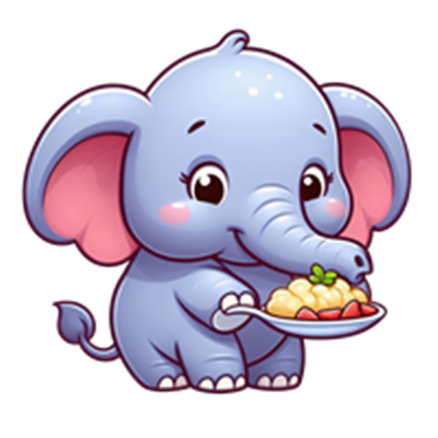 En farverig, tegneserieagtig elefant holder en tallerken med mad.