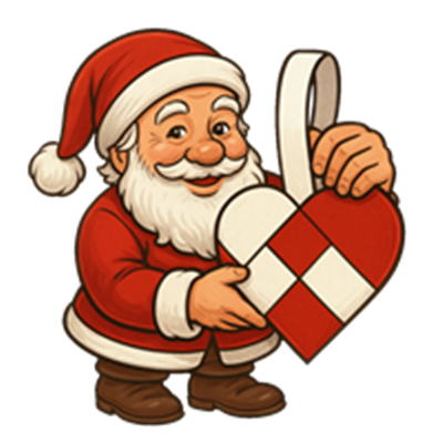 En glad julemand holder en hjerteformet gave med røde og hvide farver.