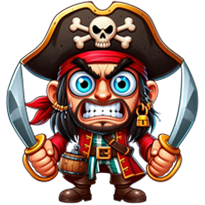 En farverig og vred pirat med sabel og skattebørse, iført en karakteristisk pirathat.