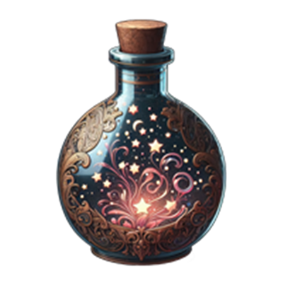 En smuk glasflaske med detaljeret udsmykning, der indeholder lysende stjerner og spiraler.