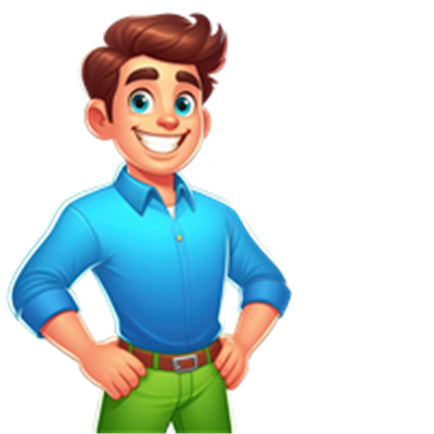 En tegneseriefigur af en ung mand med brunt hår, iført en blå skjorte og grønne bukser.