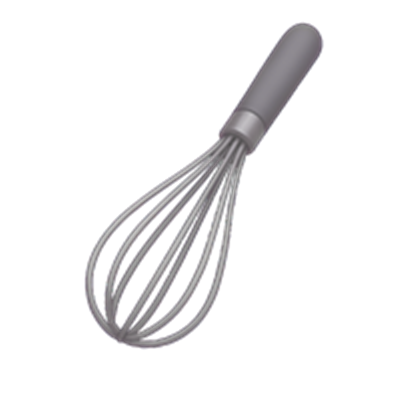 En grå køkkenvisp med en ergonomisk håndtag, ideel til piskning af ingredienser.