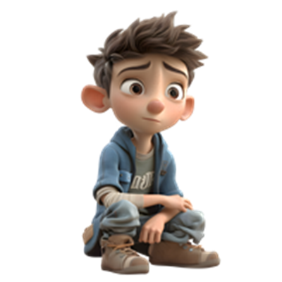 En animeret dreng sidder på jorden med et bekymret udtryk, iført afslappet tøj.
