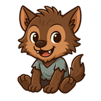 En glad, ung ulv i en blå t-shirt, der sidder og smiler.