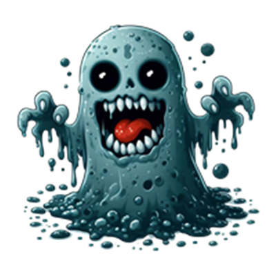 Et farverigt og skræmmende spøgelse med store øjne og en åben mund, der ser ud til at råbe.