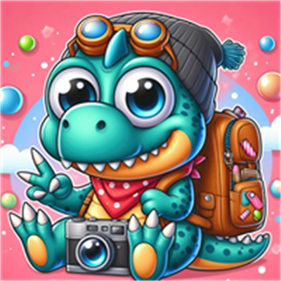 En farverig, cartoonagtig dinosaur med briller og rygsæk, der sidder med et kamera.
