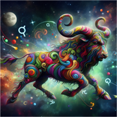 Et fantasifuldt billede af en vædder med farverige mønstre, svævende i et stjernetæppe.