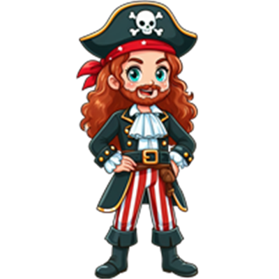 En tegneserie-pirat med langt, krøllet hår og en pirathat, iført en klassisk piratuniform.