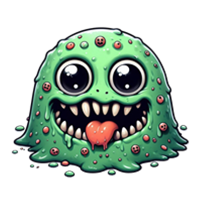 Et farverigt, grønt monster med store øjne, skæve tænder og en klæbrig overflade.