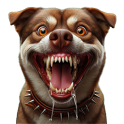 Et billede af en hund med blottede tænder og et truende udtryk, iført en pigget halsbånd.