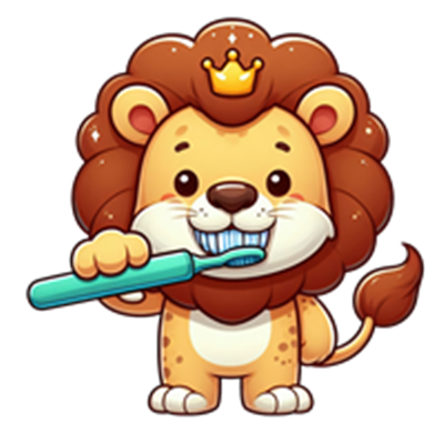 En tegneserieagtig løve, der børster sine tænder med en tandbørste.