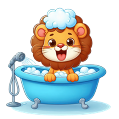 En sød, tegneserieagtig løve med skum på hovedet, der hygger sig i et blåt badekar.