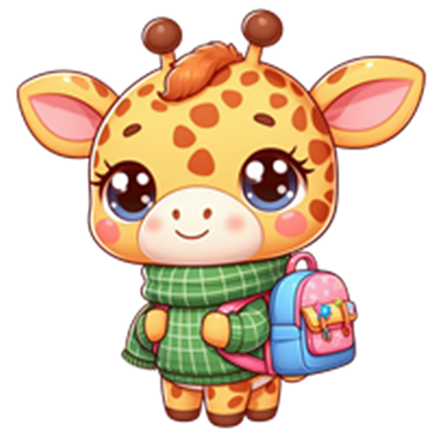 En tegneserieagtig giraf med store øjne, iført en grøn sweater og en farverig rygsæk.