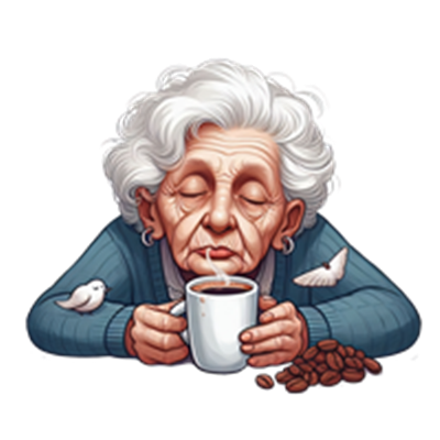 En ældre kvinde nyder en kop kaffe, omgivet af små fugle og kaffebønner.