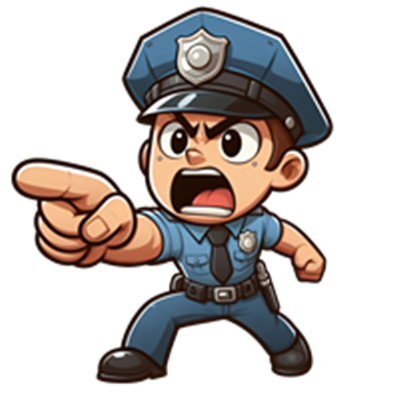 En tegneseriefigur af en vred politibetjent, der peger og råber.