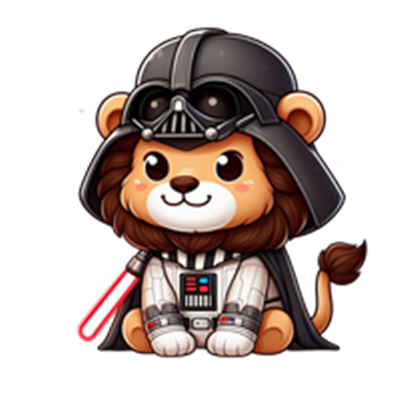 En tegneserieagtig løve iført Darth Vader kostume, komplet med lyssværd.