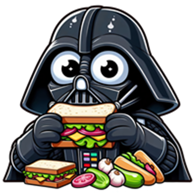 En sjov illustration af en karakter i sort rustning, der spiser en sandwich.