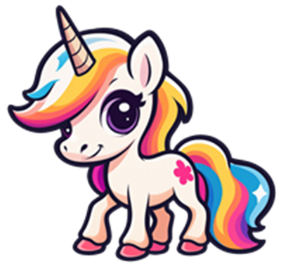 En sød, tegneserieagtig enhjørning med regnbuefarvet hår og en gylden horn.