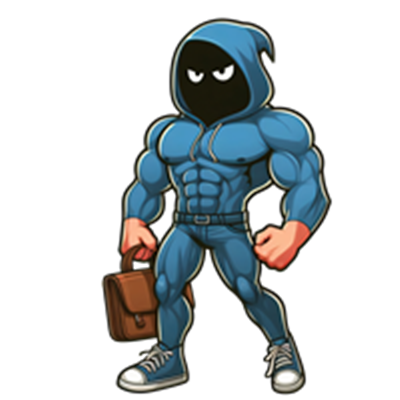 En tegneseriefigur med muskuløs krop, iført hætte og bærer en taske.