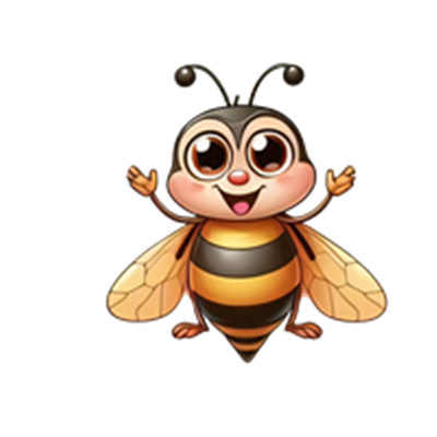En farverig og venlig tegnet bi med store øjne og et smil, der strækker sine vinger.
