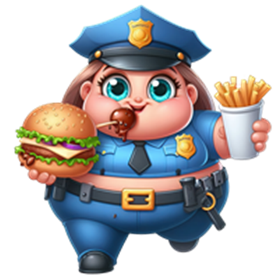 En tegneserieagtig politibetjent holder en burger og pomfritter, med et venligt udtryk.