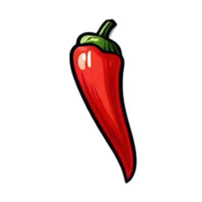En illustreret rød chili peber med grønne blade på toppen.