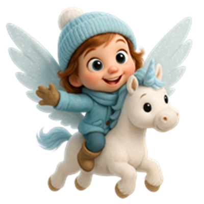 Et barn med vinger og en blå hue rider på en flyvende enhjørning.