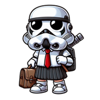En sød, cartoon-lignende stormtrooper iført skoleuniform med taske og blyant.