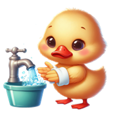 En farverig, tegnet and, der vasker hænder ved en vandhane.