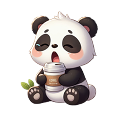 En tegneserieagtig panda, der sidder og nyder en kop kaffe med et sødt udtryk.