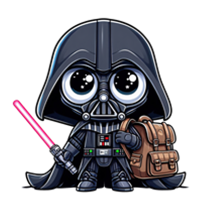 En tegneserieversion af Darth Vader med store øjne, en lyserød lyssabel og en rygsæk.
