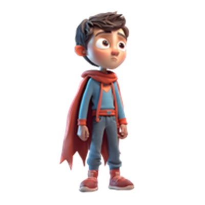 En ung dreng i en farverig superheltekostume med kappe, der ser eftertænksom ud.