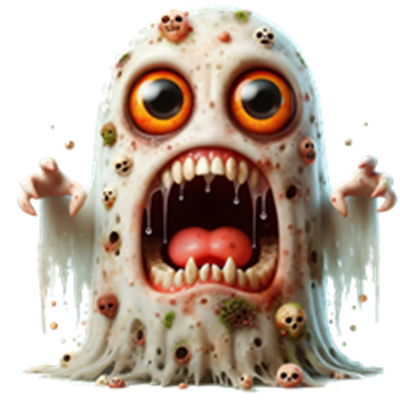 Et grødet spøgelse med store, skræmmende øjne og en åben mund, der afslører en uhyggelig tandrække.